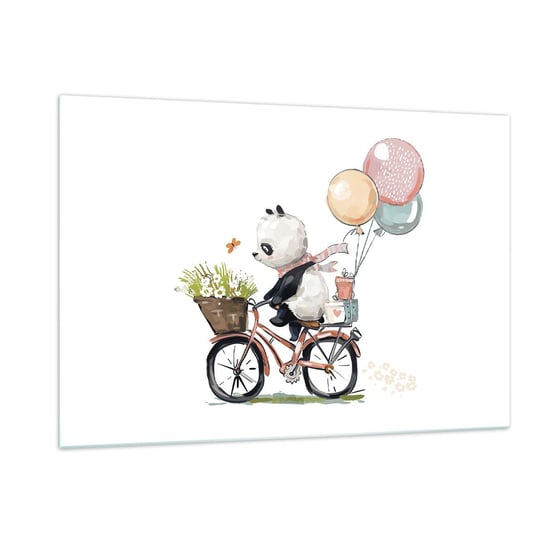 Obraz na szkle - Szczęśliwy dzień - 120x80cm - Dla Dzieci Panda Na Rowerze Abstrakcja - Nowoczesny szklany obraz na ścianę do salonu do sypialni ARTTOR ARTTOR