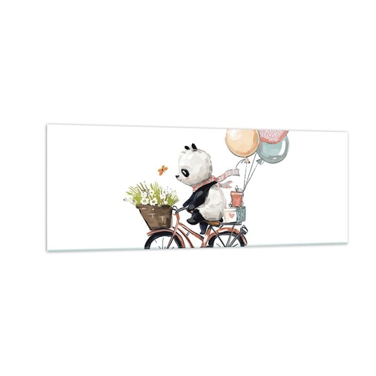 Obraz na szkle - Szczęśliwy dzień - 140x50cm - Dla Dzieci Panda Na Rowerze Abstrakcja - Nowoczesny szklany obraz do salonu do sypialni ARTTOR ARTTOR