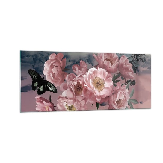 Obraz na szkle - Szczyt romantyzmu - 100x40cm - Kwiat Piwonii Motyl Kwiaty - Nowoczesny foto szklany obraz do salonu do sypialni ARTTOR ARTTOR