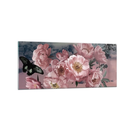 Obraz na szkle - Szczyt romantyzmu - 120x50cm - Kwiat Piwonii Motyl Kwiaty - Nowoczesny szklany obraz na ścianę do salonu do sypialni ARTTOR ARTTOR