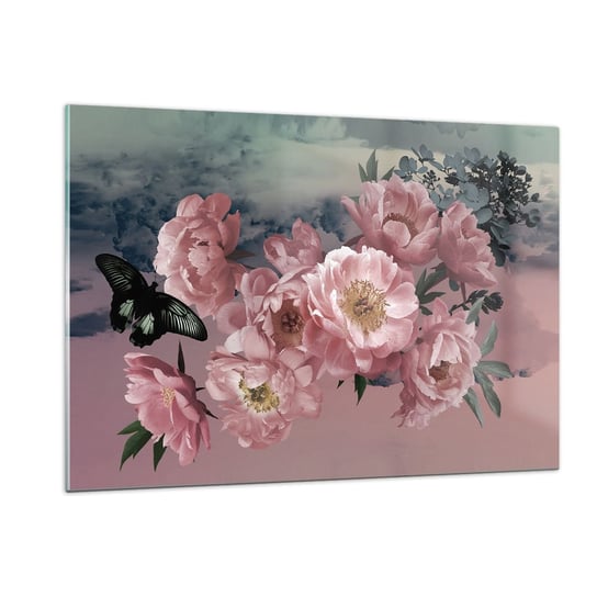 Obraz na szkle - Szczyt romantyzmu - 120x80cm - Kwiat Piwonii Motyl Kwiaty - Nowoczesny szklany obraz na ścianę do salonu do sypialni ARTTOR ARTTOR