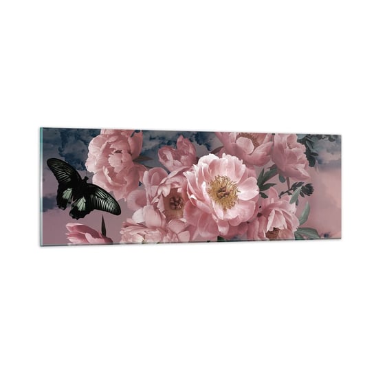Obraz na szkle - Szczyt romantyzmu - 90x30cm - Kwiat Piwonii Motyl Kwiaty - Nowoczesny szklany obraz do salonu do sypialni ARTTOR ARTTOR