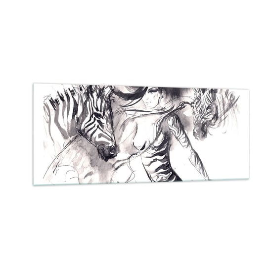 Obraz na szkle - Tańcząca z zebrami - 100x40cm - Abstrakcja Kobieta Zebra - Nowoczesny foto szklany obraz do salonu do sypialni ARTTOR ARTTOR