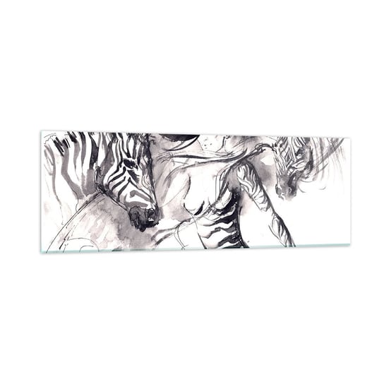 Obraz na szkle - Tańcząca z zebrami - 90x30cm - Abstrakcja Kobieta Zebra - Nowoczesny szklany obraz do salonu do sypialni ARTTOR ARTTOR