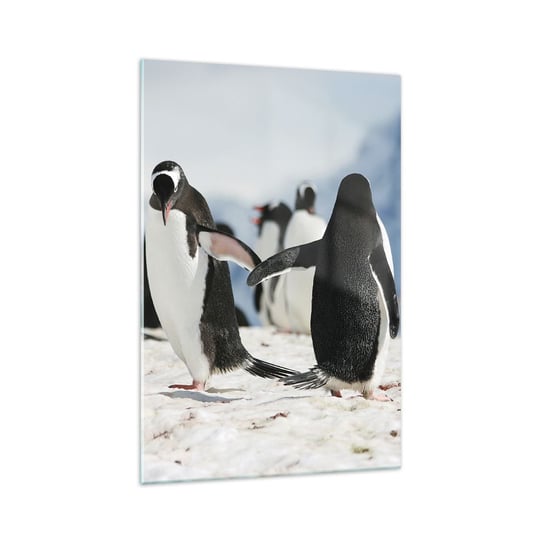 Obraz na szkle - Taniec na śniegu - 70x100cm - Pingwin Antarktyda Krajobraz - Nowoczesny foto szklany obraz do salonu do sypialni ARTTOR ARTTOR