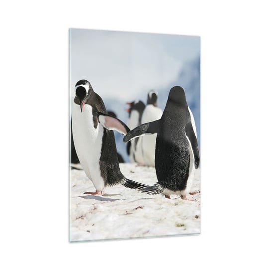 Obraz na szkle - Taniec na śniegu - 80x120cm - Pingwin Antarktyda Krajobraz - Nowoczesny szklany obraz na ścianę do salonu do sypialni ARTTOR ARTTOR