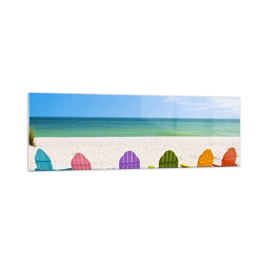 Obraz na szkle - Tęczowa plaża - 160x50cm - Krajobraz Plaża Leżaki - Nowoczesny foto szklany obraz do salonu do sypialni ARTTOR ARTTOR