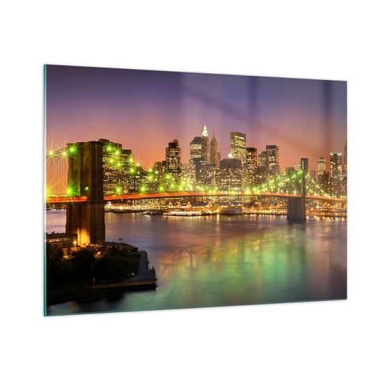 Obraz na szkle - Tu światło nigdy nie gaśnie - 100x70cm - Miasto Nowy Jork Brooklyn Bridge - Nowoczesny foto szklany obraz do salonu do sypialni ARTTOR ARTTOR