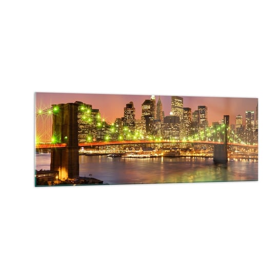 Obraz na szkle - Tu światło nigdy nie gaśnie - 140x50cm - Miasto Nowy Jork Brooklyn Bridge - Nowoczesny szklany obraz do salonu do sypialni ARTTOR ARTTOR