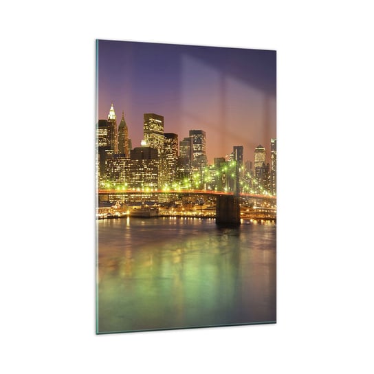 Obraz na szkle - Tu światło nigdy nie gaśnie - 80x120cm - Miasto Nowy Jork Brooklyn Bridge - Nowoczesny szklany obraz na ścianę do salonu do sypialni ARTTOR ARTTOR