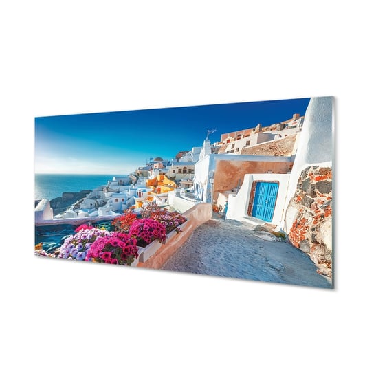 Obraz na szkle TULUP Grecja Budynki morze kwiaty, 100x50 cm Tulup