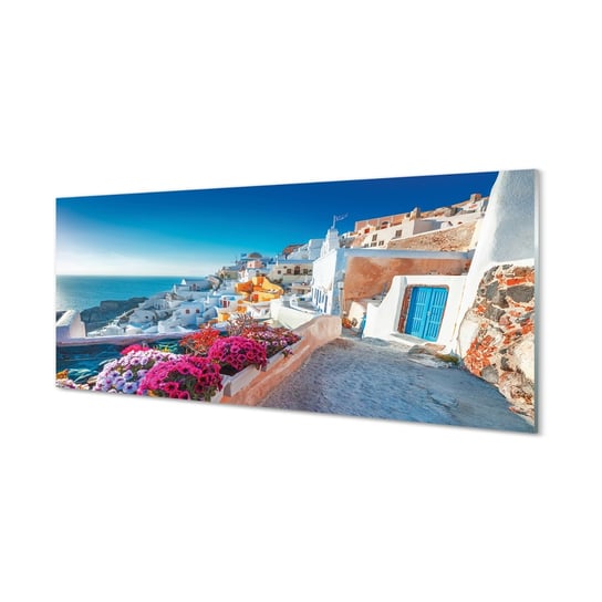 Obraz na szkle TULUP Grecja Budynki morze kwiaty, 125x50 cm Tulup