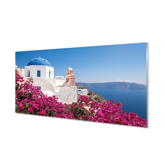 Obraz na szkle TULUP Grecja Kwiaty morze budynki, 100x50 cm Tulup
