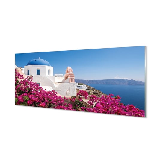 Obraz na szkle TULUP Grecja Kwiaty morze budynki, 125x50 cm Tulup
