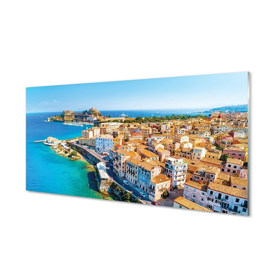 Obraz na szkle TULUP Grecja Morze miasto wybrzeże, 100x50 cm Tulup
