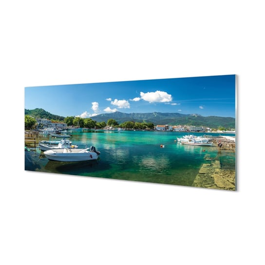 Obraz na szkle TULUP Grecja Przystań morze góry, 125x50 cm Tulup