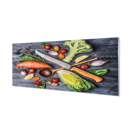 Obraz na szkle TULUP Nóż bataty szpinak pomidorki, 125x50 cm Tulup
