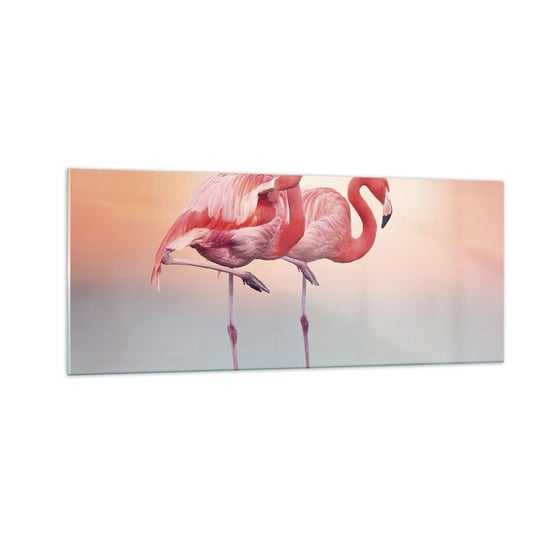 Obraz na szkle - W kolorze zachodzącego słońca - 100x40cm - Flamingi Ptaki Natura - Nowoczesny foto szklany obraz do salonu do sypialni ARTTOR ARTTOR