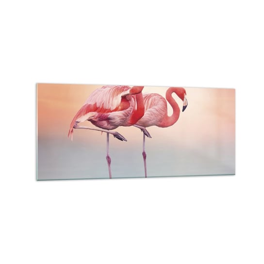 Obraz na szkle - W kolorze zachodzącego słońca - 120x50cm - Flamingi Ptaki Natura - Nowoczesny szklany obraz na ścianę do salonu do sypialni ARTTOR ARTTOR