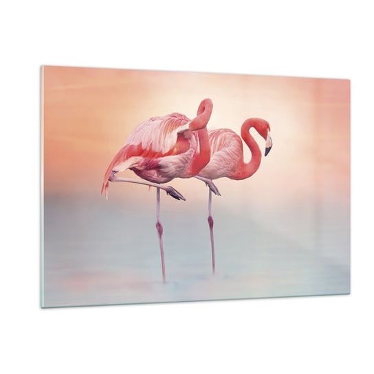 Obraz na szkle - W kolorze zachodzącego słońca - 120x80cm - Flamingi Ptaki Natura - Nowoczesny szklany obraz na ścianę do salonu do sypialni ARTTOR ARTTOR