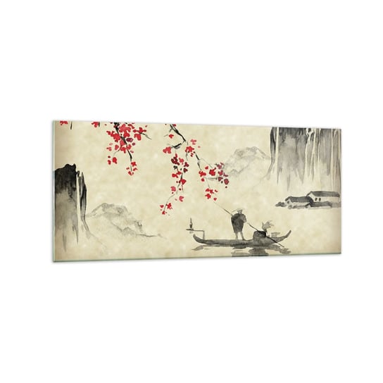 Obraz na szkle - W kraju kwitnącej wiśni - 120x50cm - Krajobraz Japonia Rybak - Nowoczesny szklany obraz na ścianę do salonu do sypialni ARTTOR ARTTOR