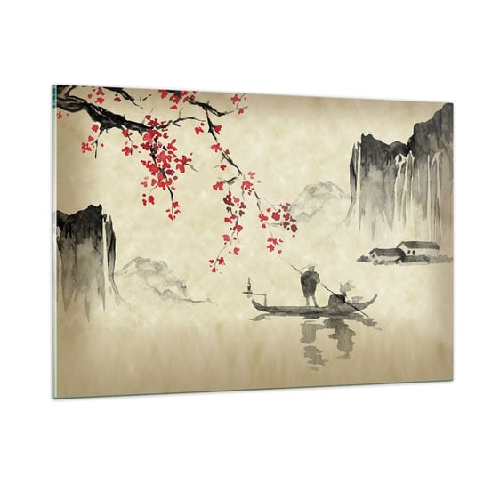 Obraz na szkle - W kraju kwitnącej wiśni - 120x80cm - Krajobraz Japonia Rybak - Nowoczesny szklany obraz na ścianę do salonu do sypialni ARTTOR ARTTOR