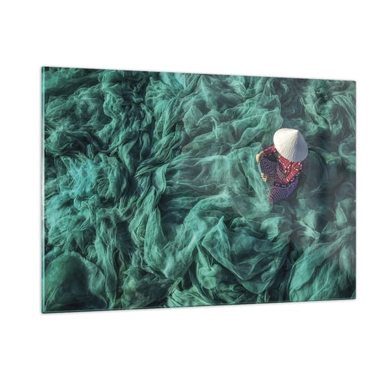 Obraz na szkle - W morzu sieci - 120x80cm - Sieć Rybacka Kobieta Wietnam - Nowoczesny szklany obraz na ścianę do salonu do sypialni ARTTOR ARTTOR
