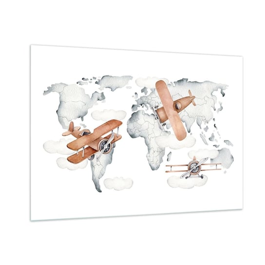Obraz na szkle - W pionierskim duchu - 100x70cm - Mapa Świata Samoloty Dziecięce - Nowoczesny foto szklany obraz do salonu do sypialni ARTTOR ARTTOR