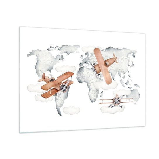 Obraz na szkle - W pionierskim duchu - 70x50cm - Mapa Świata Samoloty Dziecięce - Nowoczesny szklany obraz do salonu do sypialni ARTTOR ARTTOR
