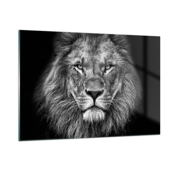 Obraz na szkle - W stroju koronacyjnym - 120x80cm - Zwierzęta Lew Czarno-Biały - Nowoczesny szklany obraz na ścianę do salonu do sypialni ARTTOR ARTTOR