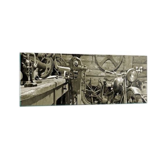 Obraz na szkle - W szopie wuja Władka - 140x50cm - Motocykl Warsztat Samochodowy Vintage - Nowoczesny szklany obraz do salonu do sypialni ARTTOR ARTTOR
