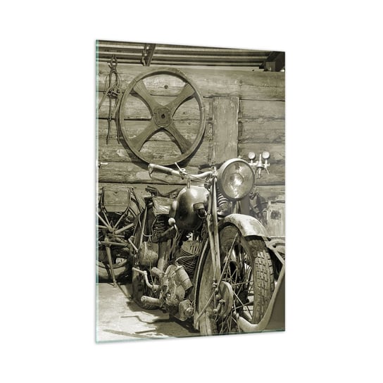 Obraz na szkle - W szopie wuja Władka - 50x70cm - Motocykl Warsztat Samochodowy Vintage - Nowoczesny szklany obraz do salonu do sypialni ARTTOR ARTTOR