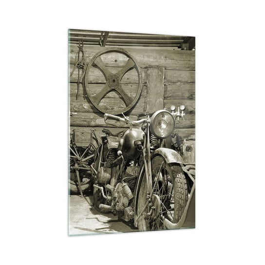 Obraz na szkle - W szopie wuja Władka - 70x100cm - Motocykl Warsztat Samochodowy Vintage - Nowoczesny foto szklany obraz do salonu do sypialni ARTTOR ARTTOR