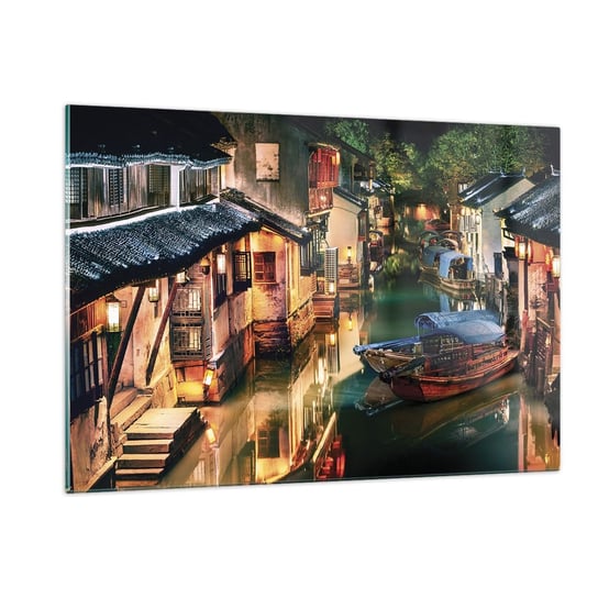 Obraz na szkle - Wieczór na chińskiej ulicy - 120x80cm - Krajobraz Miasto Azja - Nowoczesny szklany obraz na ścianę do salonu do sypialni ARTTOR ARTTOR