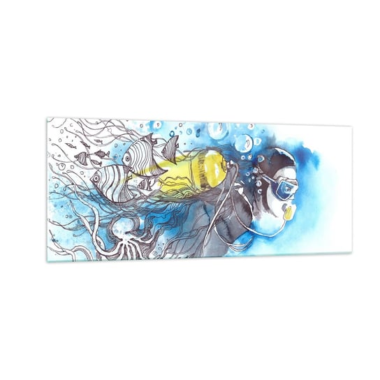 Obraz na szkle - Wielki błękit - 100x40cm - Nurkowanie Ryba Sport - Nowoczesny foto szklany obraz do salonu do sypialni ARTTOR ARTTOR