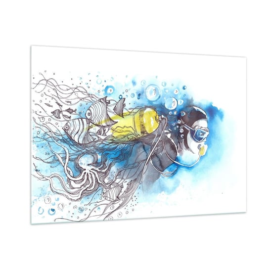 Obraz na szkle - Wielki błękit - 100x70cm - Nurkowanie Ryba Sport - Nowoczesny foto szklany obraz do salonu do sypialni ARTTOR ARTTOR