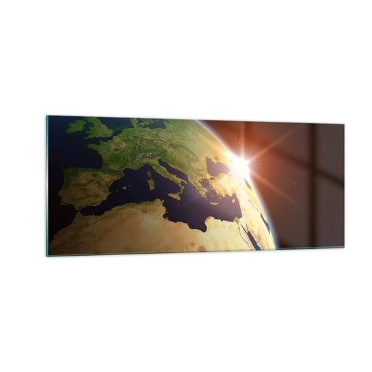 Obraz na szkle - Wschód słońca - 100x40cm - Kosmos Kula Ziemska Kontynenty - Nowoczesny foto szklany obraz do salonu do sypialni ARTTOR ARTTOR