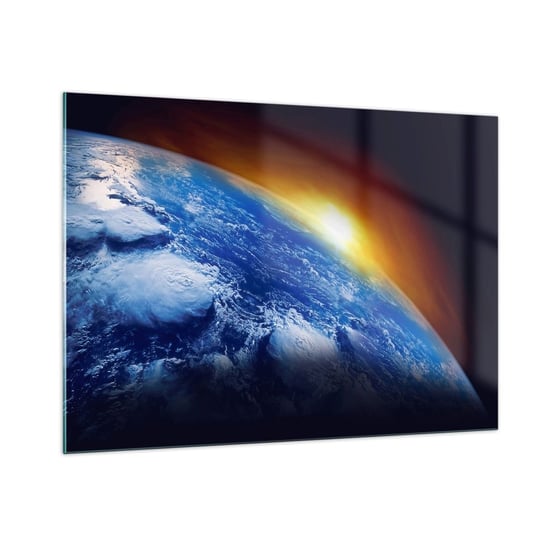 Obraz na szkle - Wschód słońca nad błękitną planetą - 100x70cm - Abstrakcja 3D Kosmos - Nowoczesny foto szklany obraz do salonu do sypialni ARTTOR ARTTOR