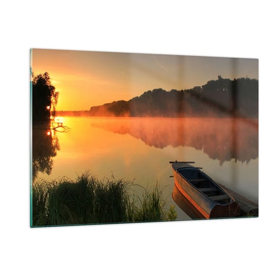 Obraz na szkle - Wschód słońca nad wodą jak tafla lustra - 120x80cm - Krajobraz Jezioro Poranek - Nowoczesny szklany obraz na ścianę do salonu do sypialni ARTTOR ARTTOR
