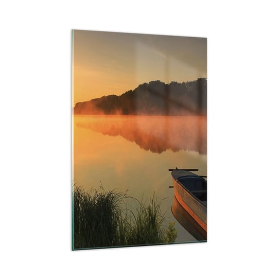 Obraz na szkle - Wschód słońca nad wodą jak tafla lustra - 80x120cm - Krajobraz Jezioro Poranek - Nowoczesny szklany obraz na ścianę do salonu do sypialni ARTTOR ARTTOR