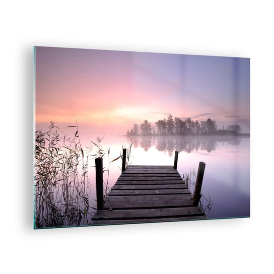 Obraz na szkle - Z liliowej mgły... - 70x50cm - Krajobraz Wschód Słońca Jezioro - Nowoczesny szklany obraz do salonu do sypialni ARTTOR ARTTOR