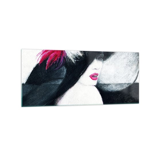 Obraz na szkle - Zawsze tajemnica - 120x50cm - Kobieta W Kapeluszu Twarz Kobiety Czerwone Usta - Nowoczesny szklany obraz na ścianę do salonu do sypialni ARTTOR ARTTOR