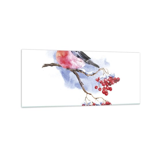 Obraz na szkle - Zima w kolorze - 120x50cm - Ptak Na Gałęzi Czerwona Jarzębina Grafika - Nowoczesny szklany obraz na ścianę do salonu do sypialni ARTTOR ARTTOR
