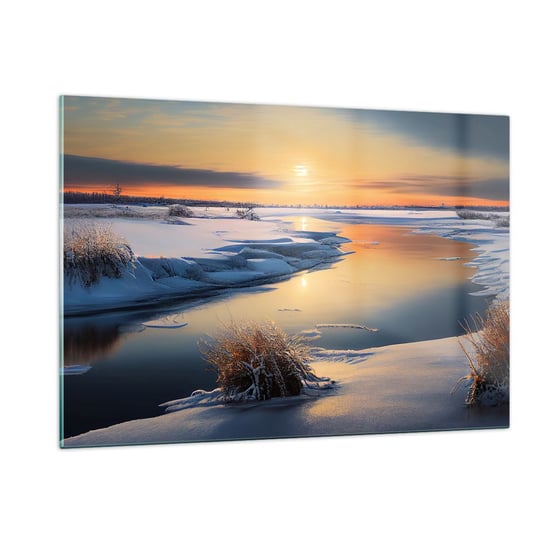 Obraz na szkle - Zimowy zachód słońca - 120x80cm - Zima Rzeka Krajobraz - Nowoczesny szklany obraz na ścianę do salonu do sypialni ARTTOR ARTTOR