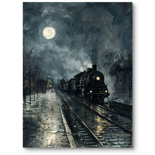 Obraz nocny krajobraz pociąg zimowa sceneria ciemno-niebieski biały 70x100 cm MieszkoMieszko