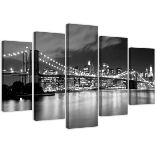 Obraz pięcioczęściowy na płótnie, Brooklyn Bridge nocą czarno-biały - 150x100 Inna marka