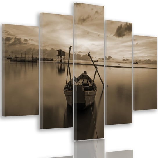 Obraz pięcioczęściowy na płótnie Canvas FEEBY, pentaptyk typ A, Łódź na spokojnym jeziorze 1, 150x100 cm Feeby