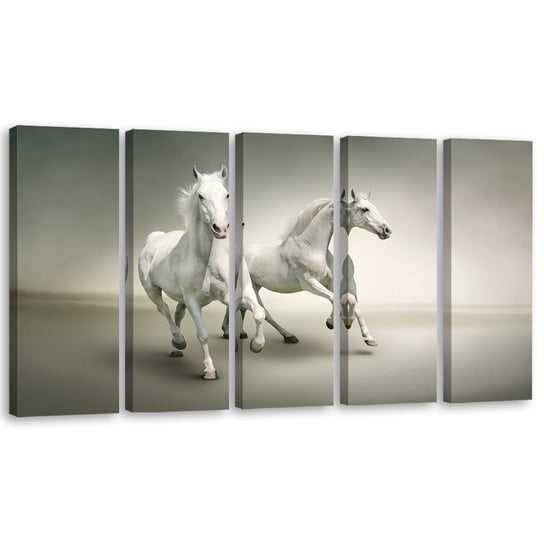 Obraz pięcioczęściowy na płótnie FEEBY, Białe Konie Galop Zwierzęta 100x40 Feeby