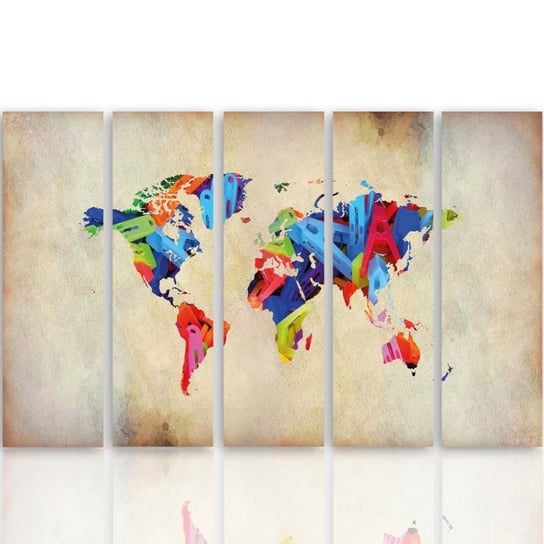 Obraz pięcioczęściowy na płótnie: Kolorowa Mapa świata 1, 70x100 cm Feeby