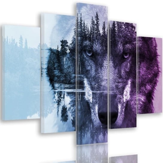 Obraz pięcioczęściowy na płótnie, Wilk na tle lasu - fioletowy - 100x70 Inna marka